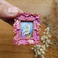 Mini Original Snowy Owl Watercolor Painting in Ornate Frame &ndash; Tiny Art, Woodland Decor