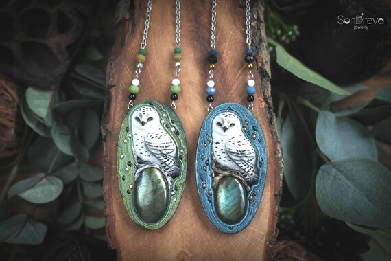 White owl necklace Fairy necklace Barn owl jewelry Green blue jewellery Arctic owl Animal totem Miniature owl Witch jewelry