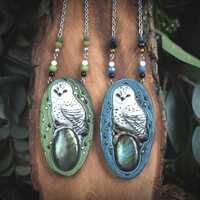 White owl necklace Fairy necklace Barn owl jewelry Green blue jewellery Arctic owl Animal to...