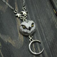 Snowy Owl Necklace &ndash; Moon Pendant &ndash; Fantasy Owl Jewelry &ndash; Hand Sculpted Po...