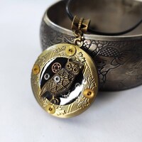 Owl locket steampunk Gift necklace Watch parts Vintage gears Statement medallion Gifts for m...