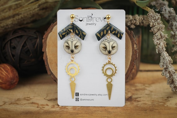 Owl Portrait Earrings, Alchemy Inspired Jewelry, Celestial Moon Talisman, Arcane Statement Earrings