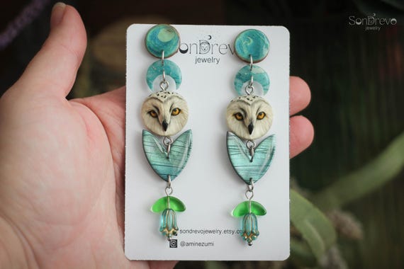 Aqua Owl Dangle Earrings, Botanical Fairycore Jewelry, Ethereal Nature Inspired Earrings