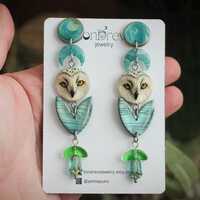 Aqua Owl Dangle Earrings, Botanical Fairycore Jewelry, Ethereal Nature Inspired Earrings