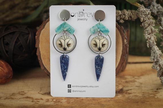 Midnight Owl Drop Earrings, Celestial Night Sky Jewelry, Cosmic Blue Statement Earrings