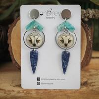 Midnight Owl Drop Earrings, Celestial Night Sky Jewelry, Cosmic Blue Statement Earrings
