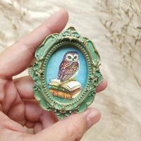 Owl on Books Miniature Painting - 1:12 Scale Original Watercolor