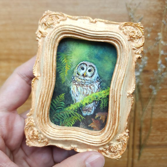 Original Micro Miniature Owl Painting in Gold Baroque Frame, Realistic Tiny Bird Artwork, Dark Academia Woodland Decor, Gift for Owl Lovers
