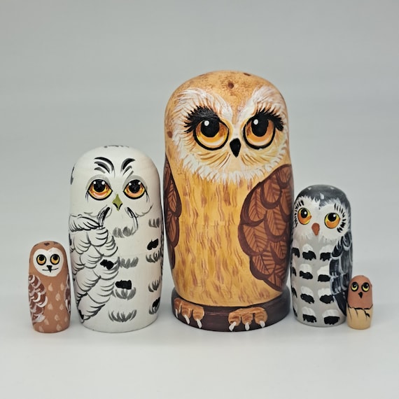 Enchanting Ukrainian Owls Nesting Doll Set - 4" Tall, 5 Pieces Wooden toy Stacking dolls Good for kids gift Home decor For owl collectors