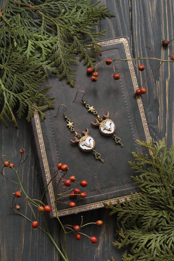 Owl Antler Earrings with Key Charm, Woodland Fantasy Jewelry, Handmade Barn Owl Dangle Earrings, Forest Spirit Gift