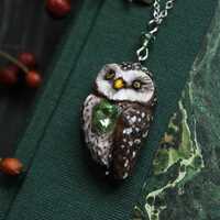 Barn Owl Necklace with Green Crystal Heart, Woodland Owl Pendant, Forest Spirit Jewelry, Nat...