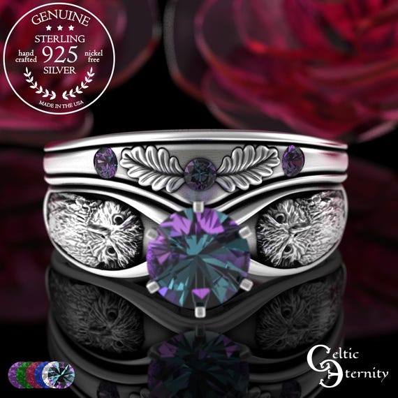 Matching Alexandrite Owl Bridal Engagement Ring & Accent Wedding Band Set, Sterling Hoot Owl Bride Stacking Set, Silver Night Bird 3166 5014