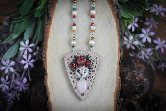 Owl Pendant Necklace, Romantic Gothic Folk Art Jewelry, Rose Talisman Statement Necklace