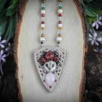 Owl Pendant Necklace, Romantic Gothic Folk Art Jewelry, Rose Talisman Statement Necklace