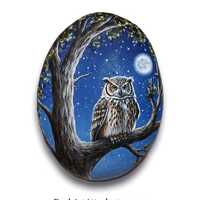 Rock Painting Owl on Tree at Night, Miniature Moonlight Scene, Bird Art Home Decor, Eurasian...