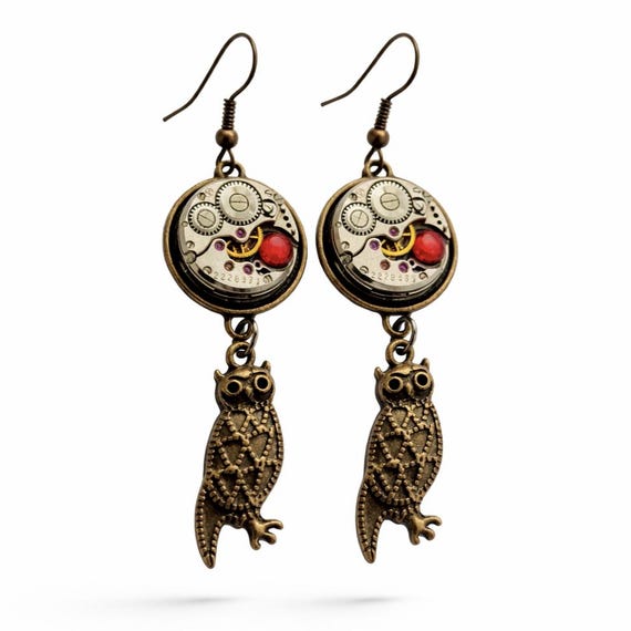 Steampunk Owl Earrings with Watch Movement, Vintage Gear Jewelry, Red Crystal Earrings, Gothic Dangle Earrings, Unique Gift for Her