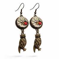 Steampunk Owl Earrings with Watch Movement, Vintage Gear Jewelry, Red Crystal Earrings, Goth...