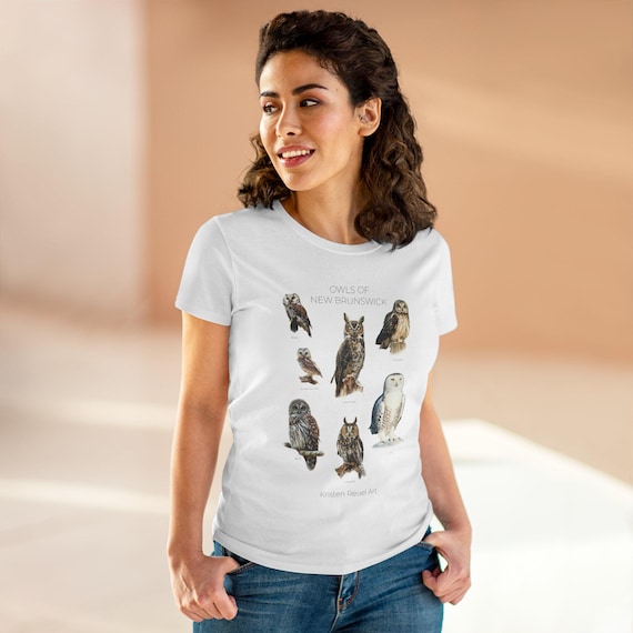 Owls of New Brunswick - Women's Midweight Cotton Tee - Featuring 7 Owl Oil Paintings