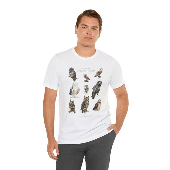 Owls of Massachusetts - Unisex Jersey Short Sleeve Tee - Featuring 9 Owl Oil Paintings
