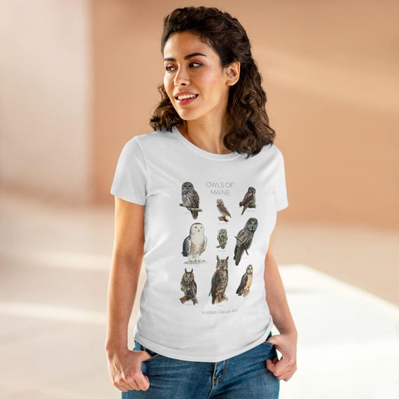 Owls of Maine - Women's Midweight Cotton Tee - Featuring 9 Owl Oil Paintings