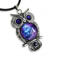 Galaxy Owl Pendant Necklace, Celestial Owl Jewelry, Space Glass Cabochon, Night Sky Necklace...