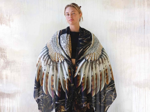Barn Owl Wings Scarf - Rave Shawl Gifts For Her - Black Owl Feather Wrap Scarf - Festival Clothing or Wedding Gifts