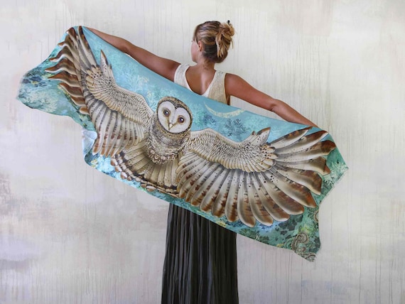 New Moon ~ Owl Scarf, Indian Festival Pashmina, Fall Style, Burning Man Clothing Women, Wings Wrap Shawl, Rave Pashmina, Feather Shawl