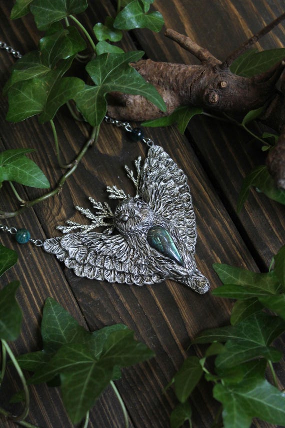 Hand-sculpted Polymer Clay Horned Owl Necklace, Labradorite Forest Spirit Pendant