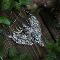 Hand-sculpted Polymer Clay Horned Owl Necklace, Labradorite Forest Spirit Pendant