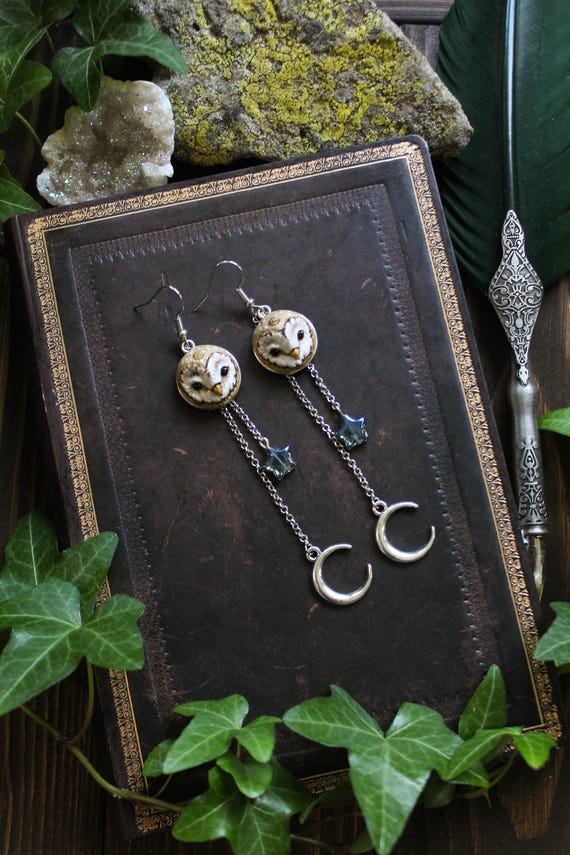 Handmade Barn Owl Moon Earrings, Celestial Woodland Fantasy Jewelry, Polymer Clay Dangles