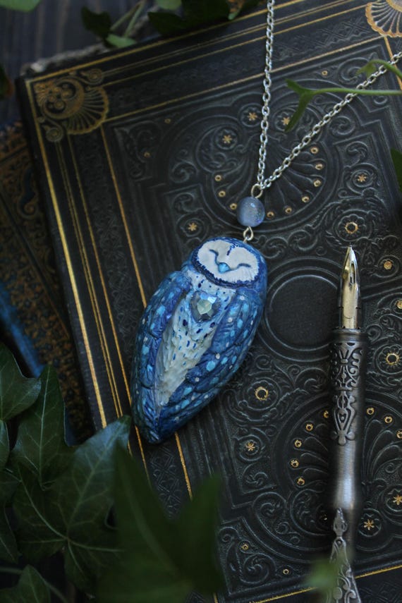Blue Barn Owl Pendant Necklace, Hand Sculpted Polymer Clay Owl with Crystal, Witchy Woodland Jewelry, Cottagecore Statement Necklace
