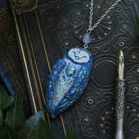 Blue Barn Owl Pendant Necklace, Hand Sculpted Polymer Clay Owl with Crystal, Witchy Woodland...