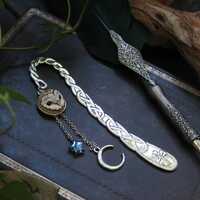 Barn Owl Metal Bookmark, Hand Sculpted Polymer Clay Owl with Moon and Star, Witchy Cottageco...