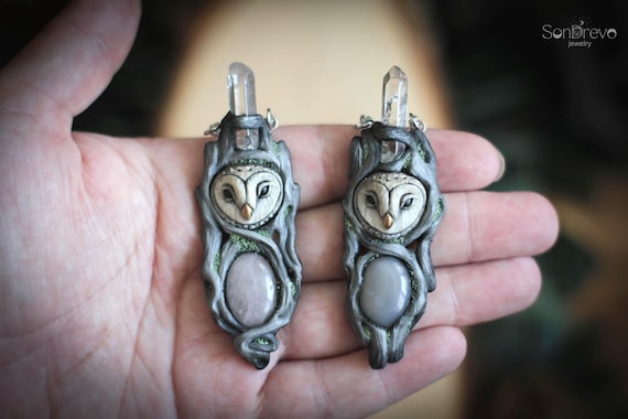 Owl Crystal Necklace - Woodland Fantasy Jewelry, Witchy Forest Pendant