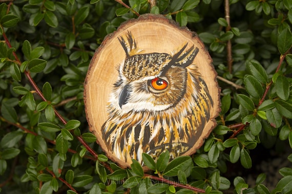 Eagle owl, original painting on a willow wood slice