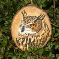 Eagle owl, original painting on a willow wood slice