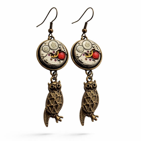 Steampunk Owl Earrings with Watch Movement, Vintage Gear Jewelry, Red Crystal Earrings, Gothic Dangle Earrings, Unique Gift for Her