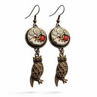 Steampunk Owl Earrings with Watch Movement, Vintage Gear Jewelry, Red Crystal Earrings, Goth...