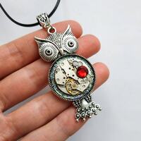 Steampunk Owl Pendant Necklace, Vintage Watch Movement Jewelry, Mechanical Owl Necklace, Got...