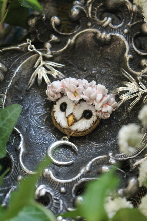 Barn Owl Necklace, Magnolia Flower Crown, Crescent Moon Pendant, Cottagecore Owl, Fairycore Woodland Jewelry