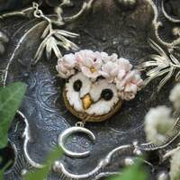 Barn Owl Necklace, Magnolia Flower Crown, Crescent Moon Pendant, Cottagecore Owl, Fairycore ...