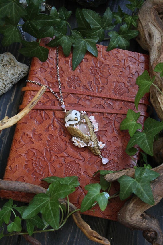 Sleeping Barn Owl Necklace with Rose Quartz, Polymer Clay Owl Pendant, Cottagecore Woodland Jewelry, Spring Blossom Bird