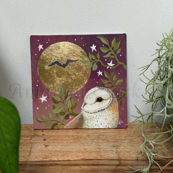 Unframed original painting titled "A Friend's Return" by Amanda Clark - owl, miniature, acrylic