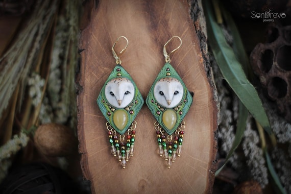 Barn Owl Earrings - Green Woodland Dangle Earrings, Fantasy Nature Jewelry