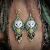 Barn Owl Earrings - Green Woodland Dangle Earrings, Fantasy Nature Jewelry