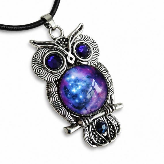 Galaxy Owl Pendant Necklace, Celestial Owl Jewelry, Space Glass Cabochon, Night Sky Necklace, Mystical Animal Charm, Gift for Her