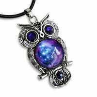 Galaxy Owl Pendant Necklace, Celestial Owl Jewelry, Space Glass Cabochon, Night Sky Necklace...