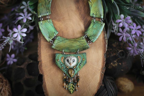 Owl Necklace - Woodland Forest Jewelry, Green Fantasy Statement Necklace