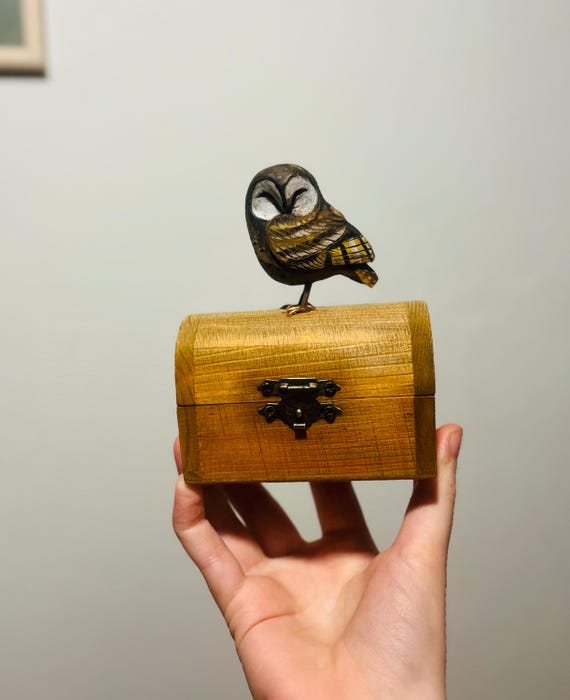 Wooden Hand-Carved Owl on a Jewelry Box, Detailed Little Owl Figurine, Unique Gift for Owl Collectors