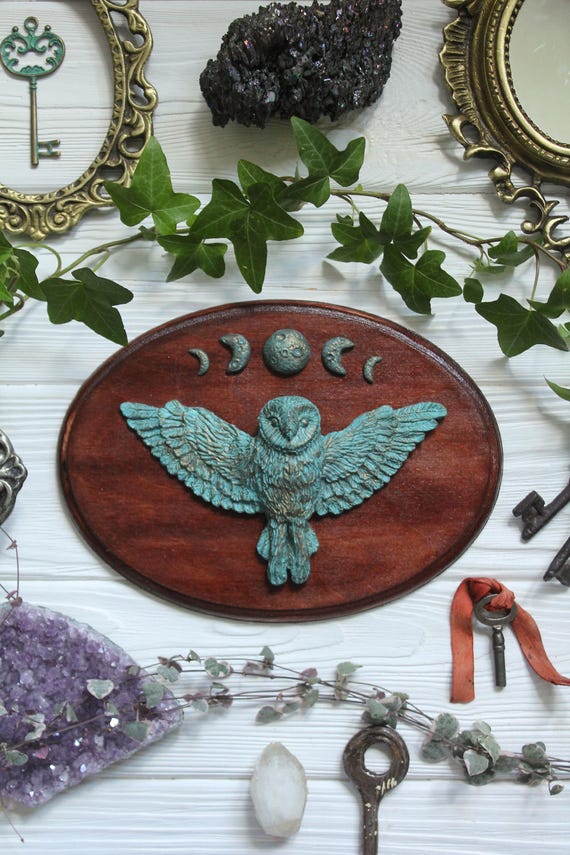 Barn Owl Moon Phase Wall Plaque, Verdigris Owl Wall Art, Celestial Witchy Decor, Handmade Woodland Altar Piece